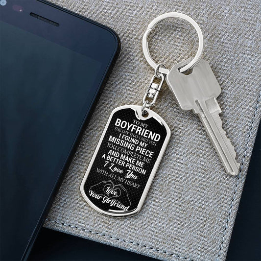 To My Boyfriend | My Missing Piece | Custom Engraving | Dog Tag Keychain