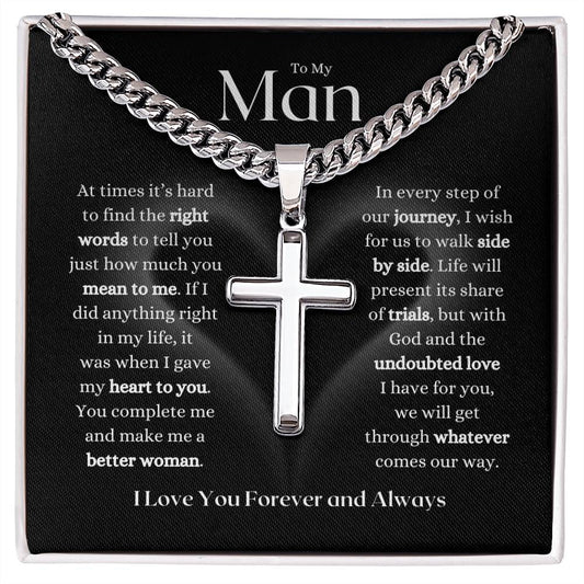 To My Man | With God and my Undoubted Love | Artisan Cross Necklace on Cuban Chain