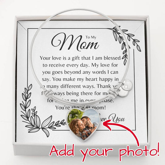 To My Mom | Personalized Heart Photo | Luxury Bangle Bracelet